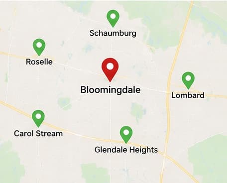 Fix4Less service area map — Bloomingdale, Lombard, Glendale Heights, Carol Stream, Roselle